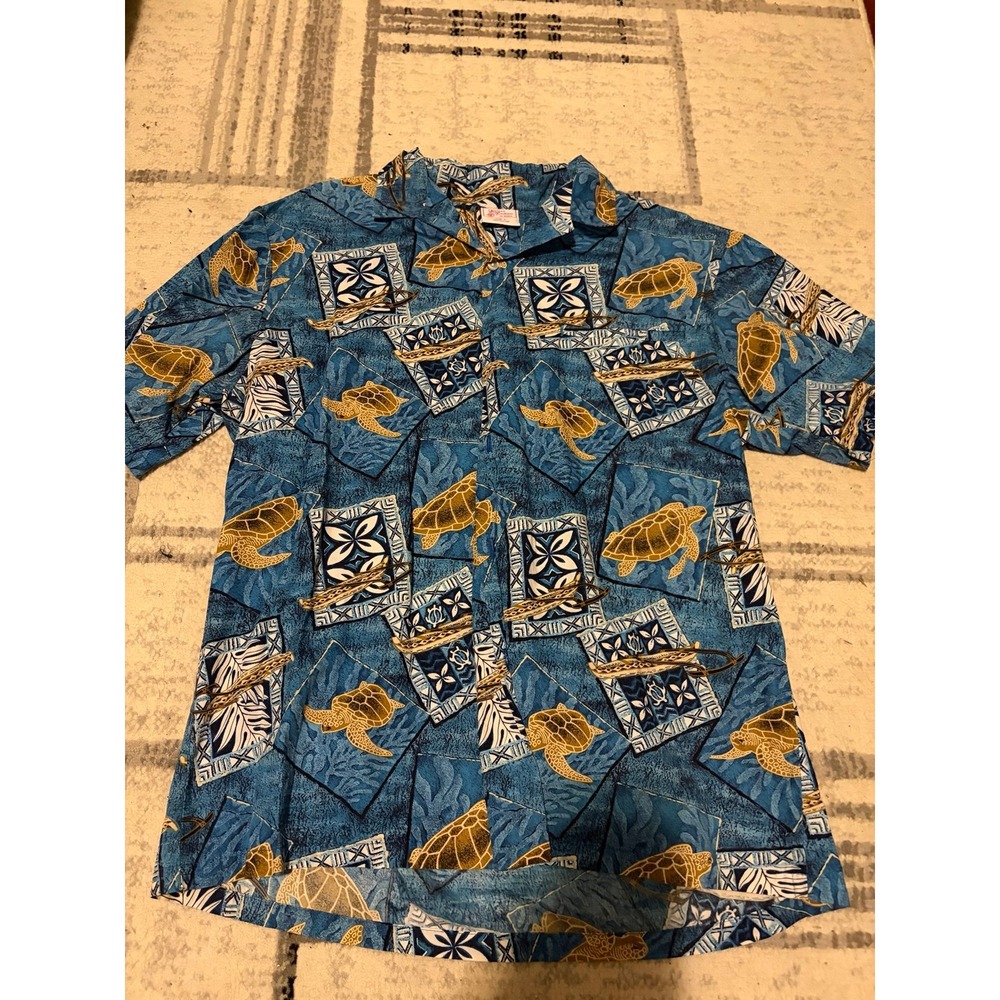 Kalena Fashions Hawaii Button Up Shirt Mens Large Blue Sea Turtle Aloha SKU 57